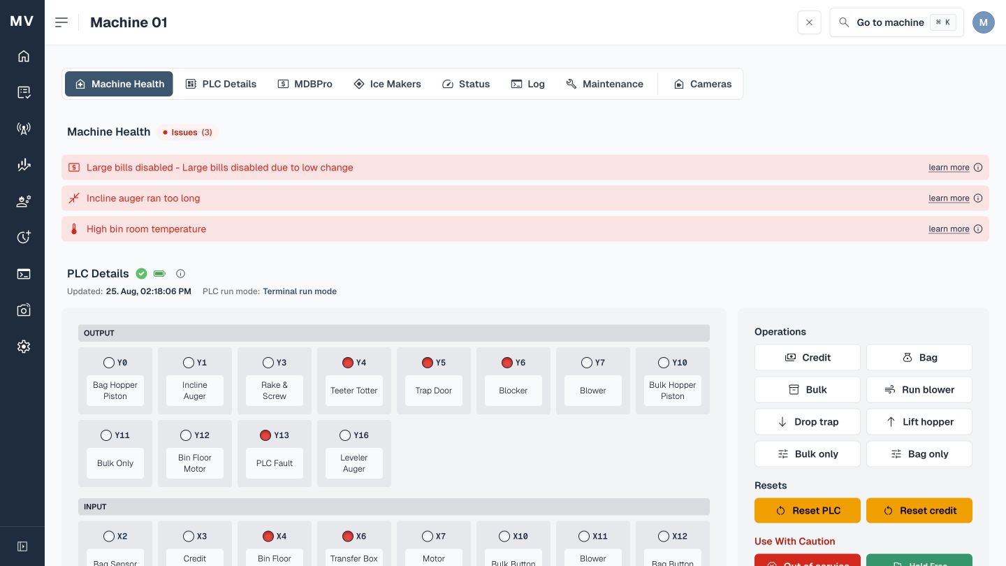 Anonymized MyVends machine detail with health alerts, PLC status, and remote controls